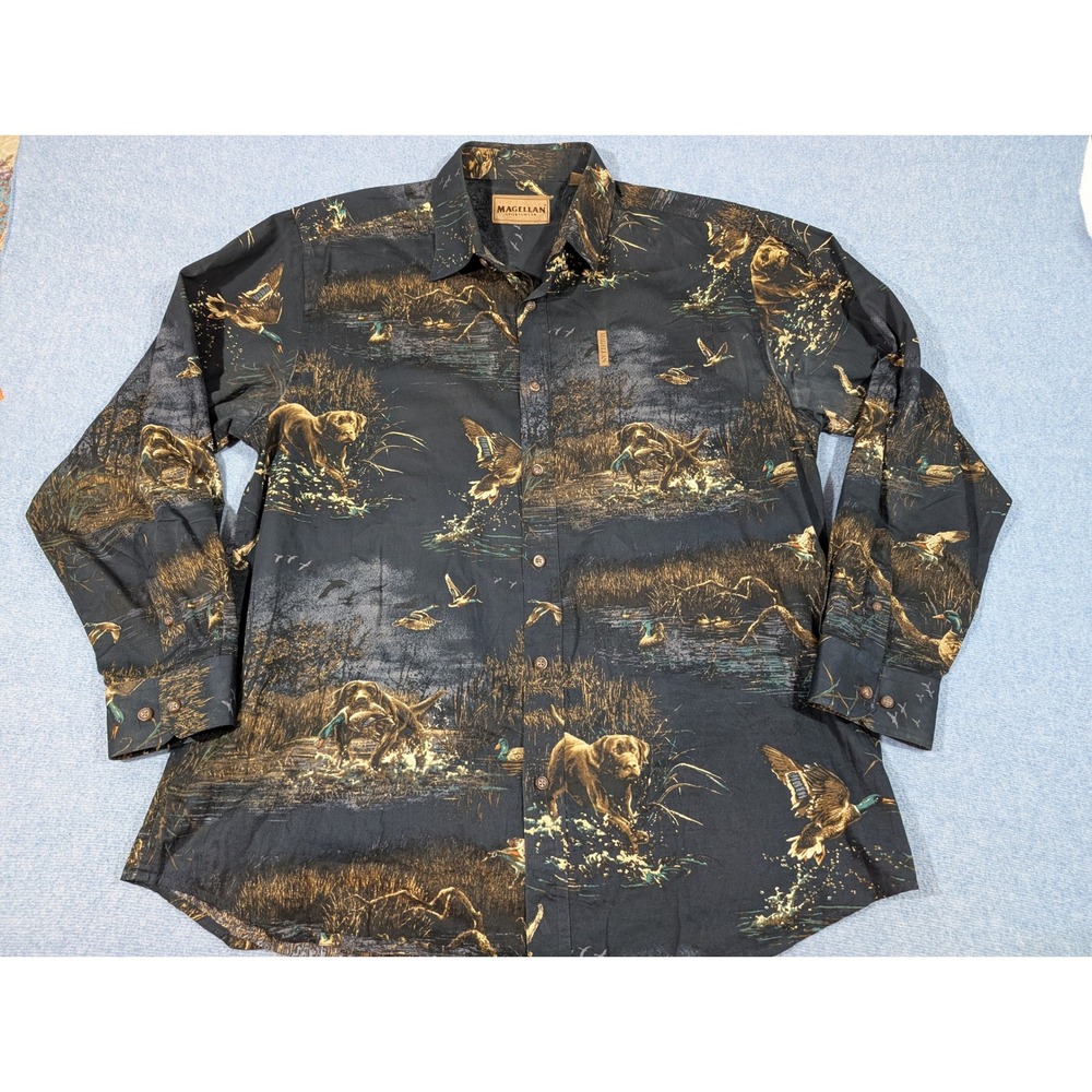 Magellan Sportswear Mens Large Hunting Dog Duck Scene Cotton Button Down Shirt